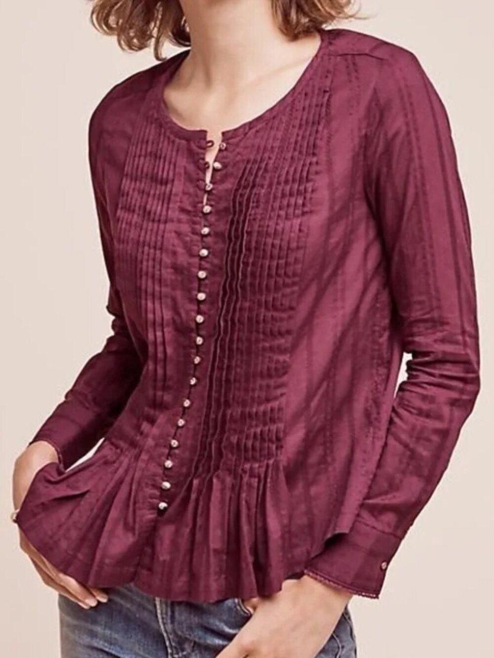 Anthropologie x Meave Gelise Burgundy Pleated Top - Size XS